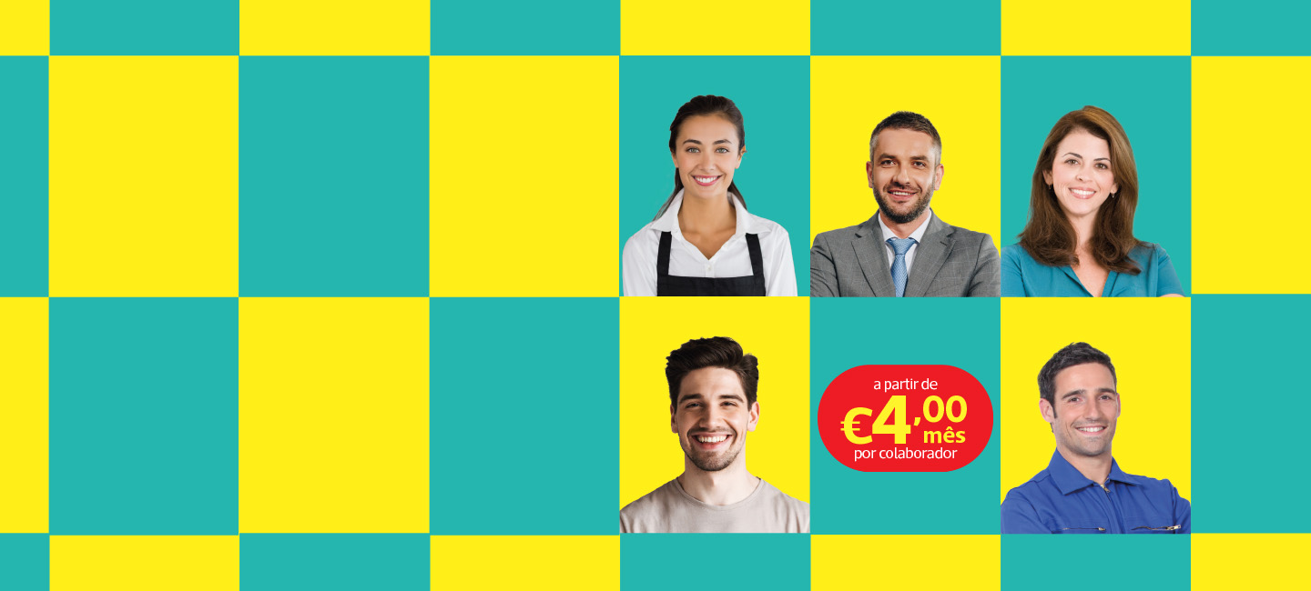 Fundo amarelo e azul , com diversas pessoas e a informação do valor do seguro por cada colaborador.