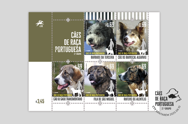 Cinco selos postais, dedicados a cães de raças portuguesas. Cada selo exibe a ilustração de uma raça diferente:  Barbado da Terceira, Cão do Barrocal Algarvio, Cão de Gado Transmontano, Fila de São Miguel e  Rafeiro do Alentejo