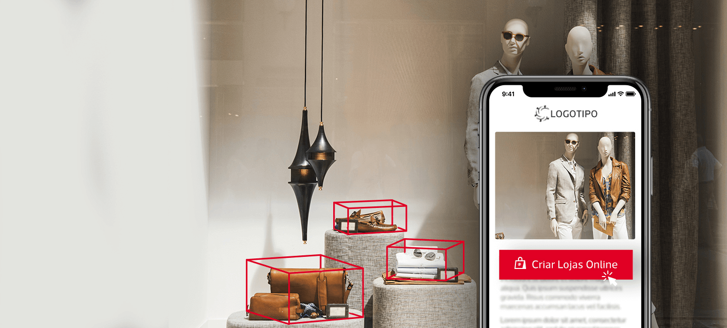 Montra com dois manequins - homem e senhora comum telemóvel à frente com a mesma imagem.  Montra  de loja com três pilares onde estão expostos sapatos, carteiras e joias. Todos rodeados de figura geométrica encarnada