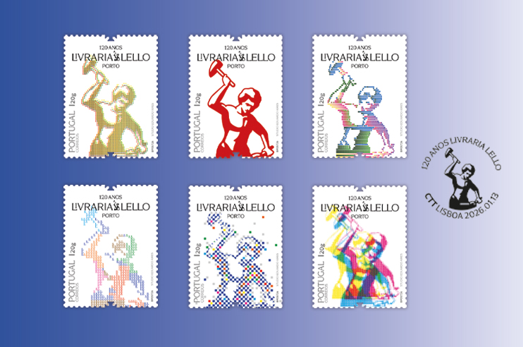 6 selos da emissão filatélica centrada no ferreiro, figura central da Livraria, símbolo da dignidade da criação e do trabalho.