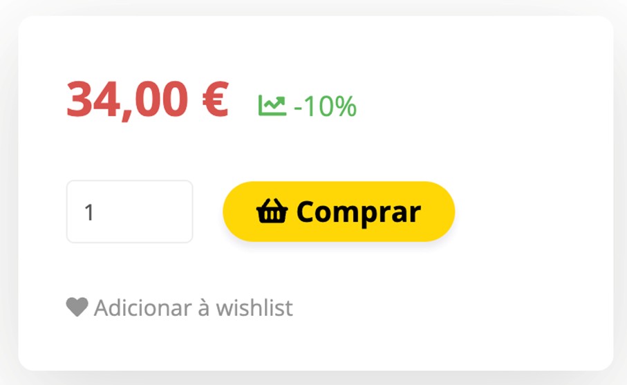A imagem apresenta ajuda, no apoio à configuração da app Histórico de Preço. 
Preço: Em destaque, o valor 34,00 € aparece em vermelho, indicando o custo do produto.
Desconto: Ao lado do preço, há um texto em verde que diz 