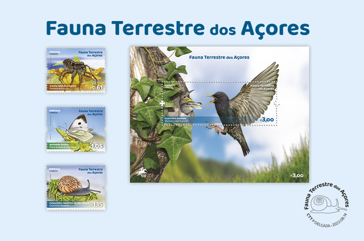 Imagem de selos da emissão Fauna Terrestre dos Açores
