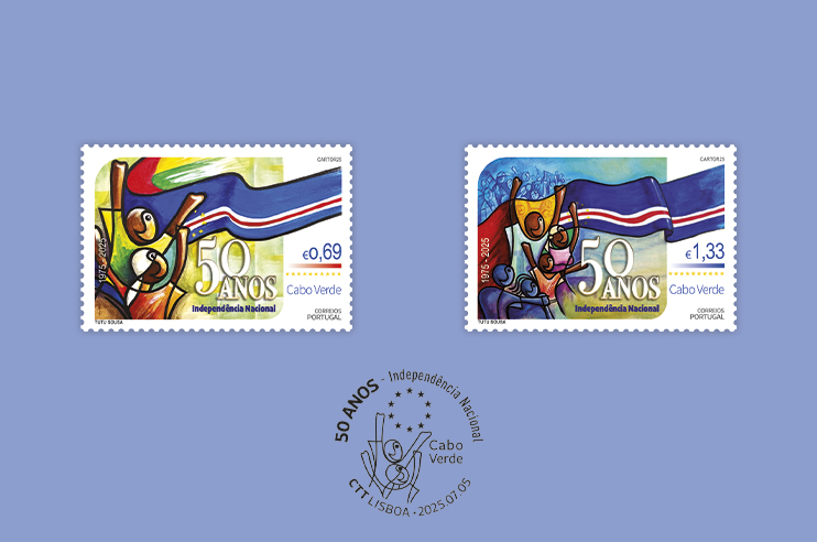 dois selos comemorativos de Cabo Verde, celebrando os 50 anos da Independência Nacional. Figuras abstratas coloridas com a bandeira de Cabo Verde ao fundo.Ilustração semelhante, com elementos gráficos vibrantes e também a bandeira de Cabo Verde ao fundo.