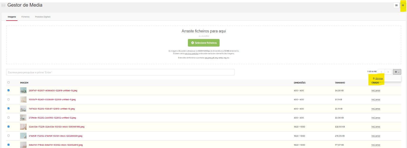 Lista de ficheiros com data, dimensões e tamanhos