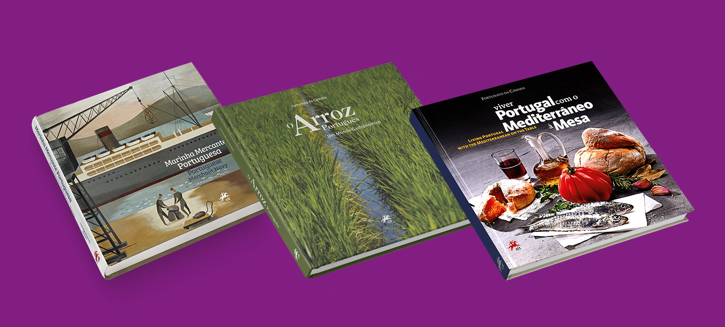 Capa dos 3 livros: Marinha Mercante Portuguesa, Arroz Português e Viver Portugal com o Mediterrâneo à Mesa.
