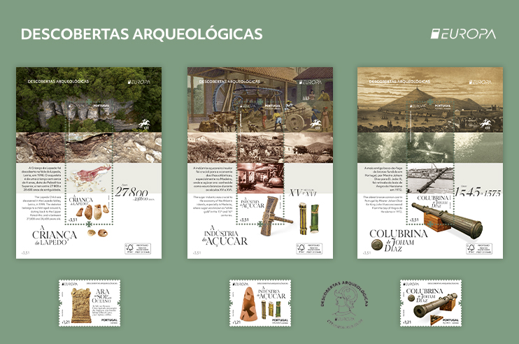 3 selos com descobertas arqueológicas -  No Continente Esqueleto de criança do Lapedo, na Madeira a Indústria do açucar e nos Açores  a boca-de-bronze do mestre fundidor de D. João III