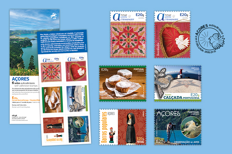 6 selos autoadesivos dedicados à beleza e à tradição dos Açores: Artesanato, calçadas, paisagem e queijadas