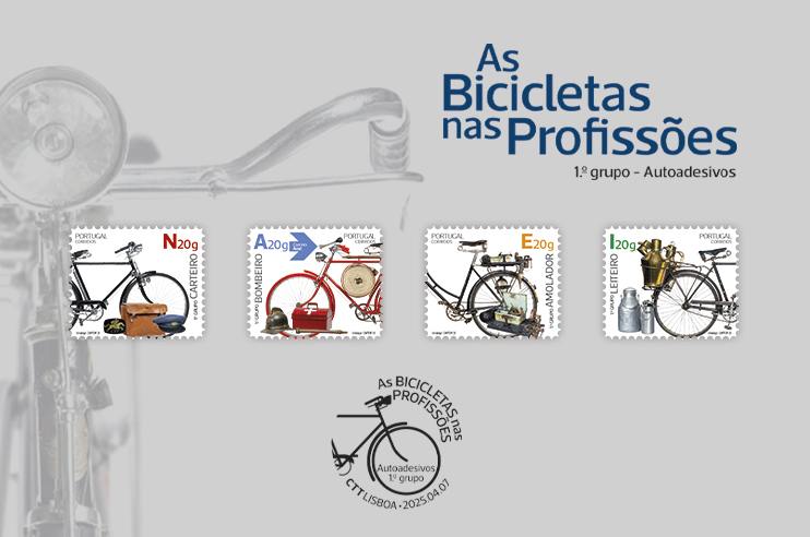 5 selos de bicicletas utilizadas nas profissões - Bicicleta do carteiro, bicicleta do Bombeiro, Bicicleta do amolador, bicicleta do agricultor, bicicleta  do leiteiro