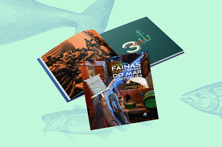 Dois livros, um aberto com foto de pesca e outro fechado com capa 