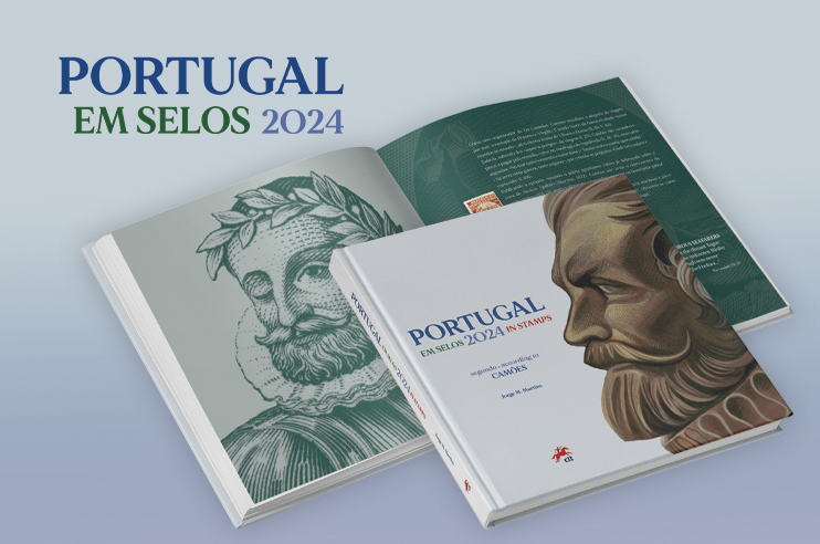 Imagem do livro de Portugal em selos 2024, com a figura de Camões.