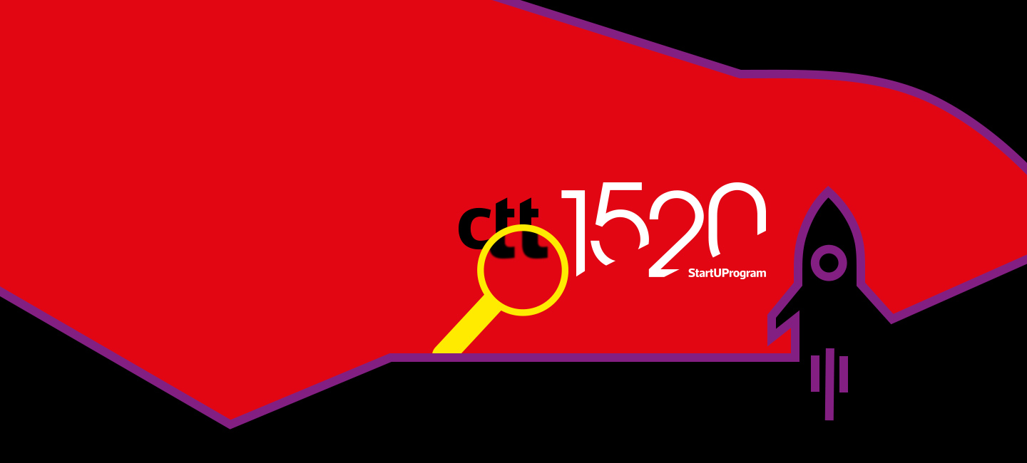 Fundo vermelho, com um ícone de um foguetão no lado direito e no centro da imagem tem um texto 