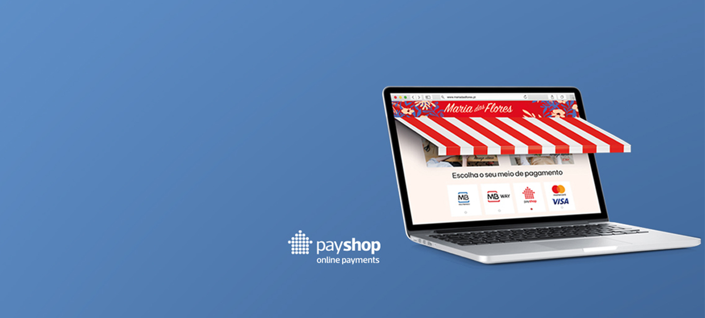 Portátil com um toldo a sair do ecran  como se fosse uma loja de rua