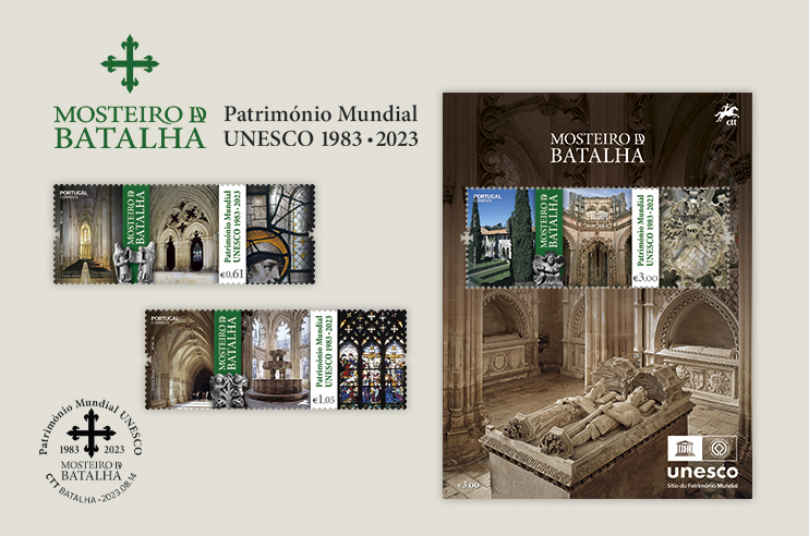 Imagens de selos da emissão Monumentos Nacionais – Mosteiro de Santa Maria da Vitória (Batalha).