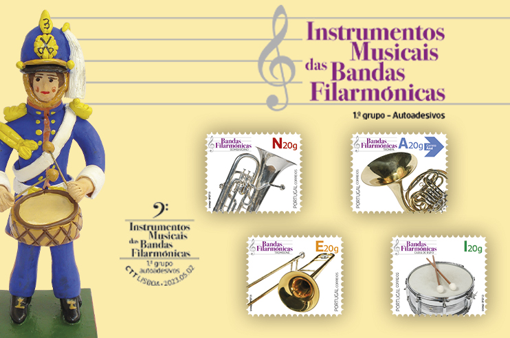 Imagem de selos da emissão dos Instrumentos Musicais das Bandas Filarmónicas - 1.º Grupo - Autoadesivos