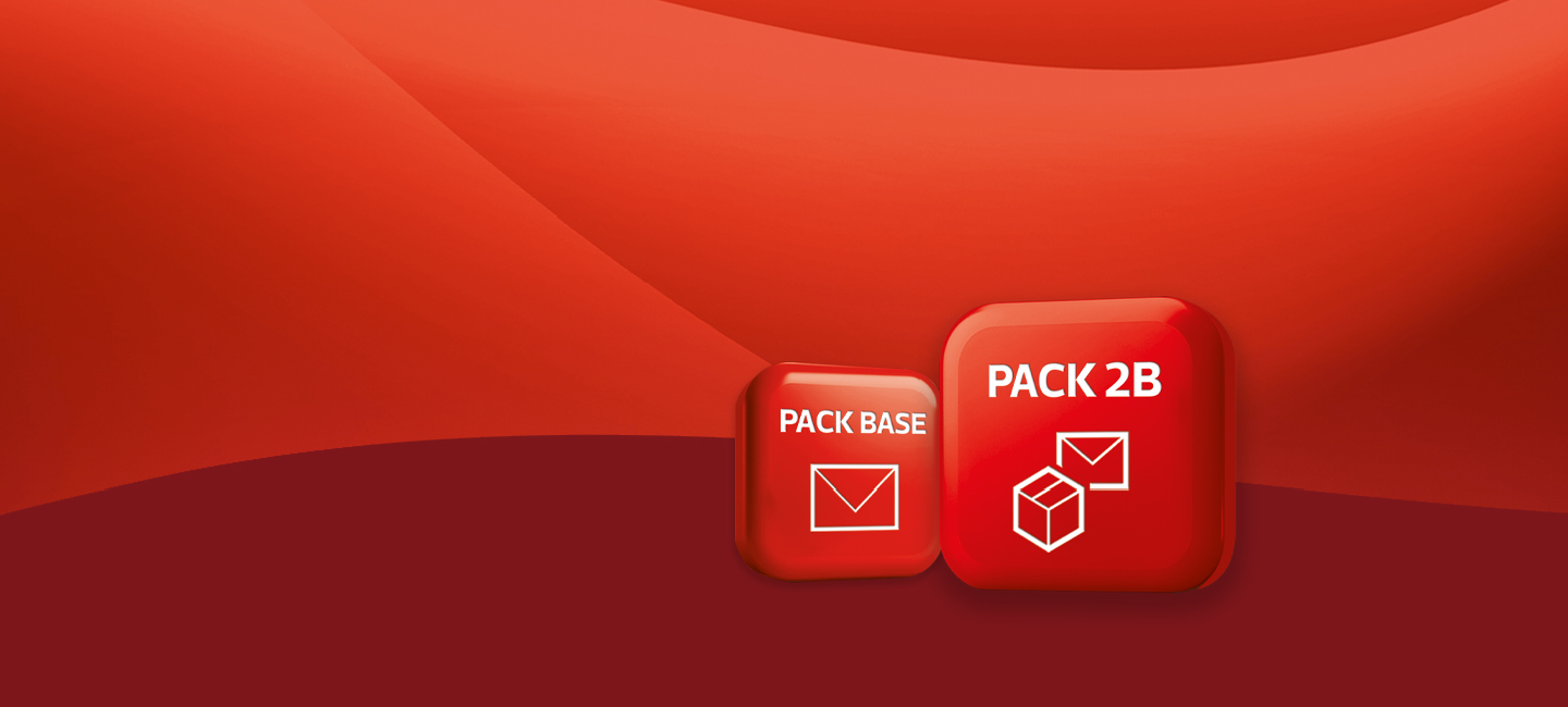 dois quadrados vermelhos que simbolizam os dois packs e cada um com o respetivo nome Pack Base e Pack 2B