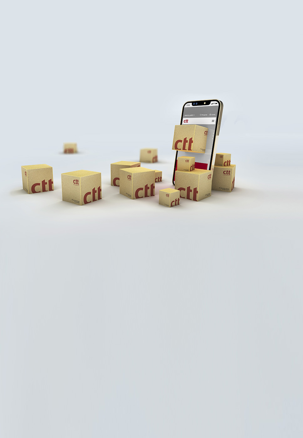 Telemóvel rodeado de caixas de encomendas CTT que simboliza a possibilidade de realizar Envios Online.