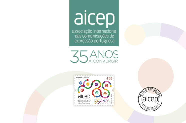 A imagem mostra o logotipo e a marca da 'aicep', que significa 'associação internacional das comunicações de expressão portuguesa'. Os principais elementos incluem o logotipo da aicep, o texto '35 ANOS A CONVERGIR' e um design de selo postal. O selo postal apresenta formas abstratas coloridas com um valor de €1.33