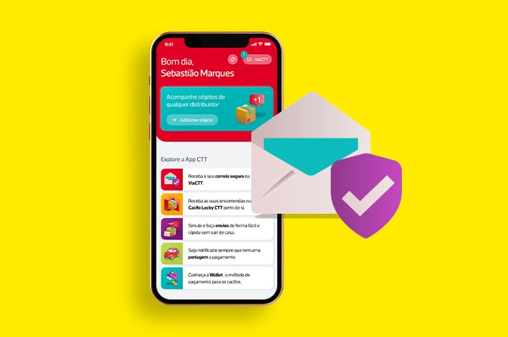 Ilustração da página inicial da App CTT aberta no smartphone e de um envelope ao lado