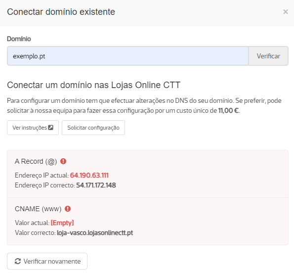 Conectar dom&iacute;nio Lojas Online CTT