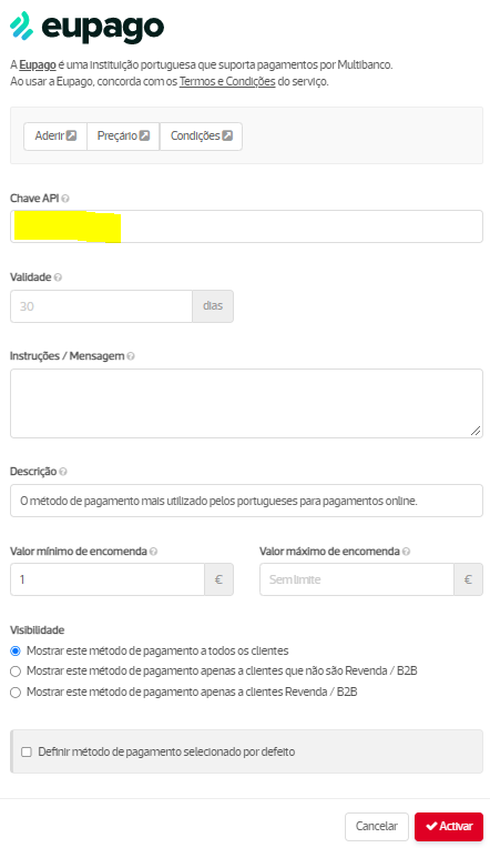 Ativa&ccedil;&atilde;o Eupago
