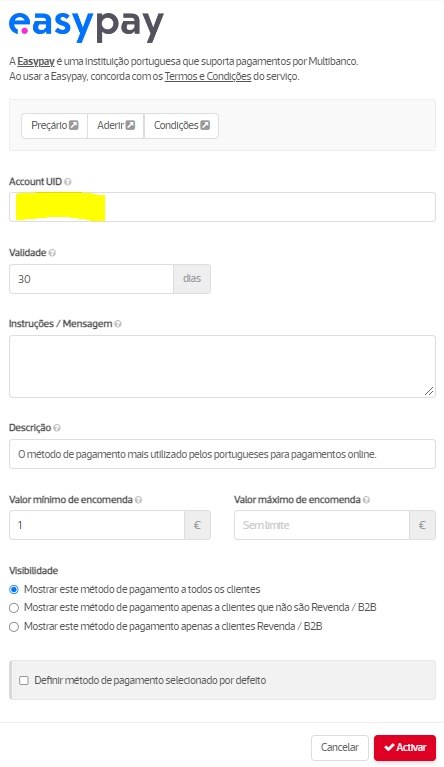 Ativa&ccedil;&atilde;o Easypay