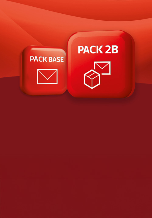 Dois quadrados vermelhos que simbolizam os dois packs e cada um com o respetivo nome Pack Base e Pack 2B